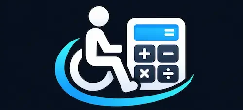 Vadisability Calculator logo featuring a white accessibility wheelchair symbol and calculator icon on a dark navy background with blue and cyan accents.